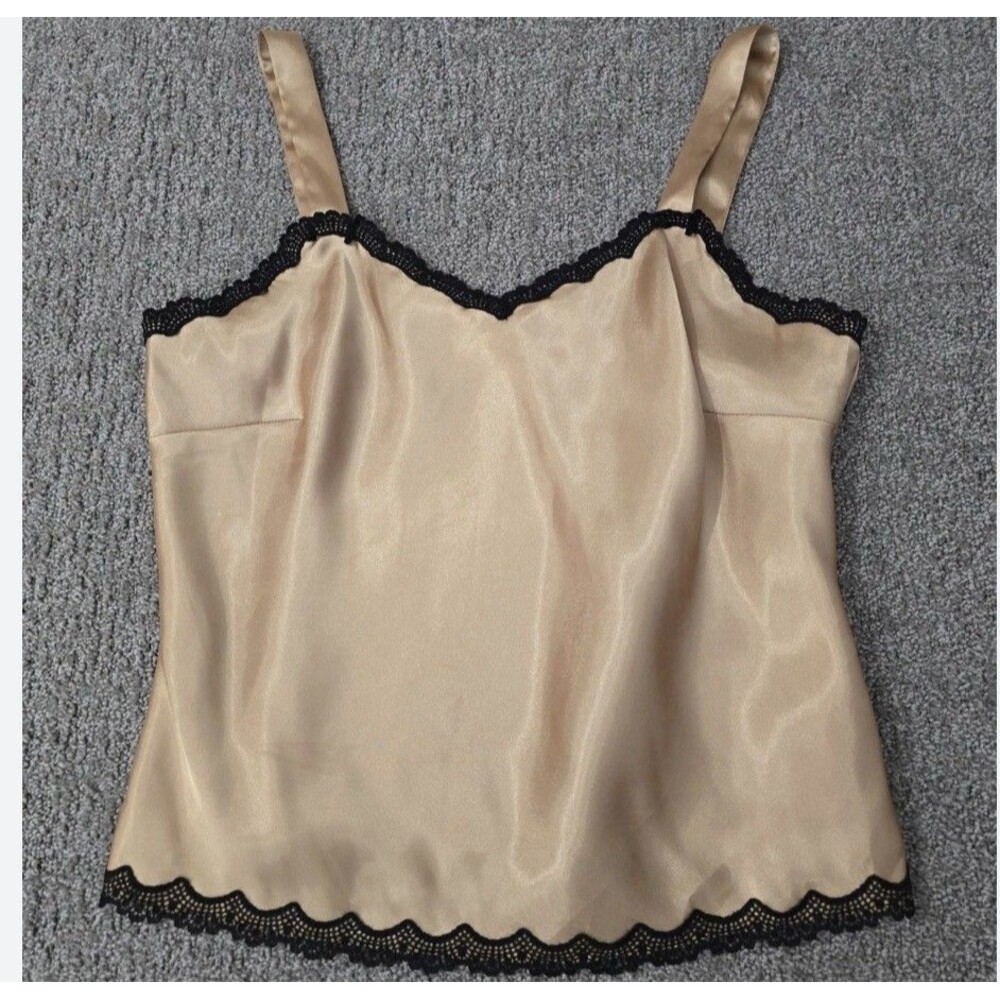 Studio I Satin Camisole Top Gold Black Lace Trim Y2K Lingerie Style Size 12 - Picture 2 of 9